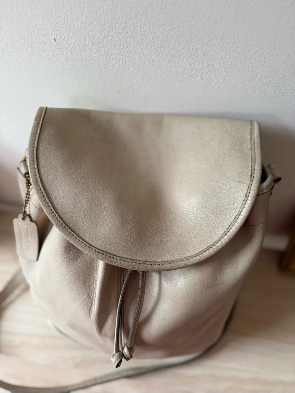RARE Vintage 80s Coach NYC Cream Leather Bucket Bag with Drawstring and flap top